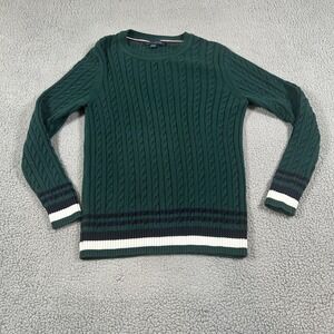 Tommy Hilfiger Sweater Mens Large Green Cable Knit Crewneck Striped Pullover